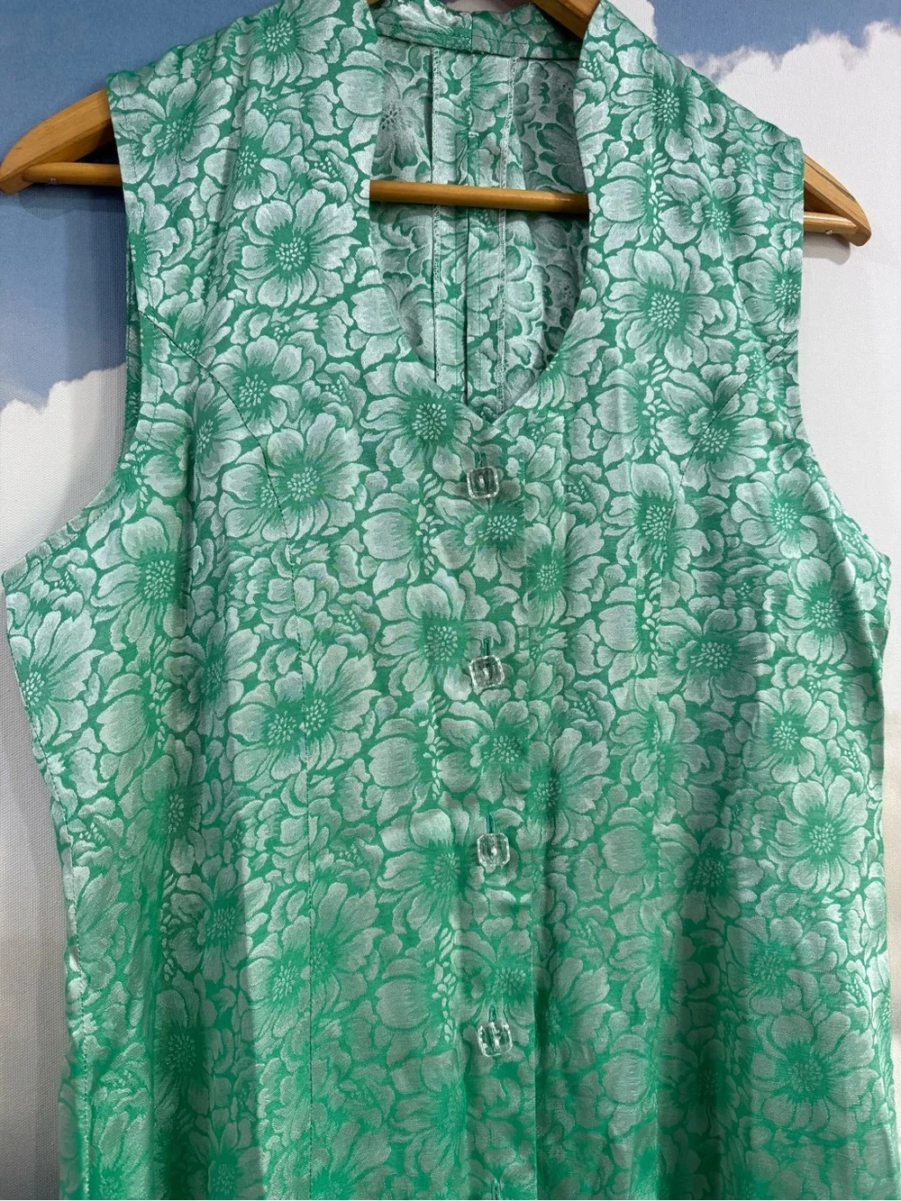 Vintage Floral Maxi Dress | Jacquard Brocade Metallic | Button Up Sleeveless - Picture 3 of 11